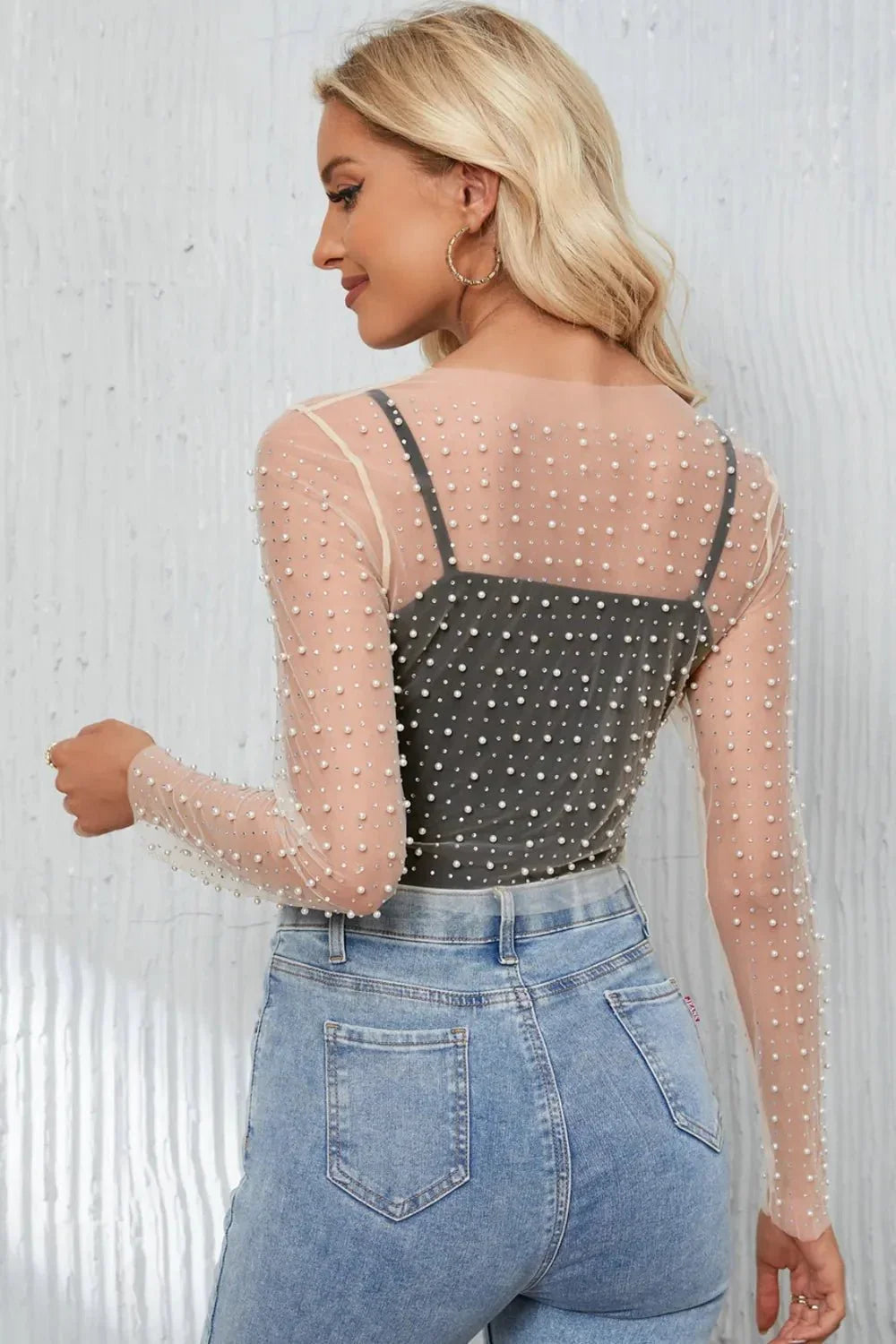 Pearl Long Sleeve Mesh Cropped Top - VILLA FASHION