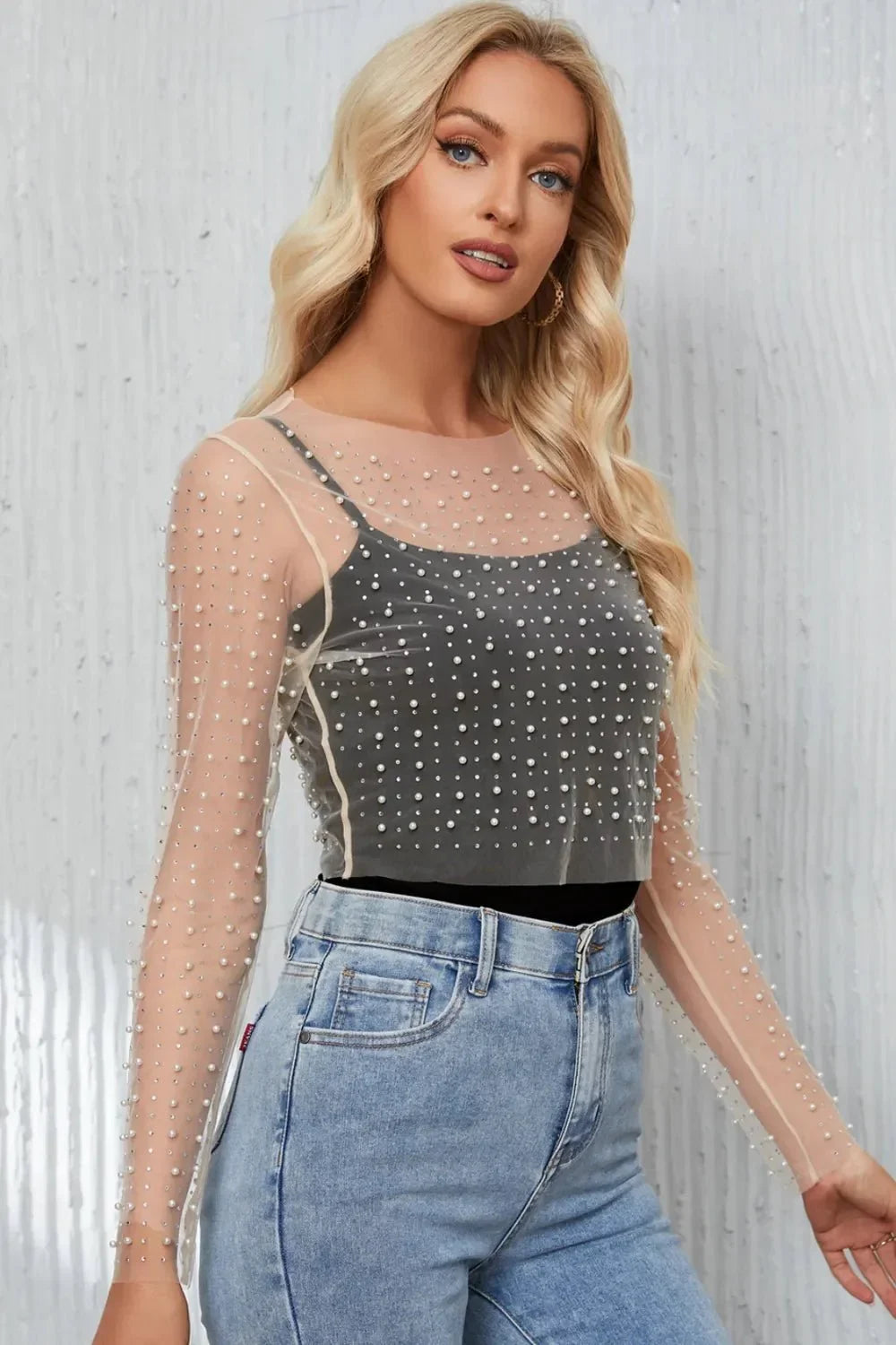 Pearl Long Sleeve Mesh Cropped Top - VILLA FASHION