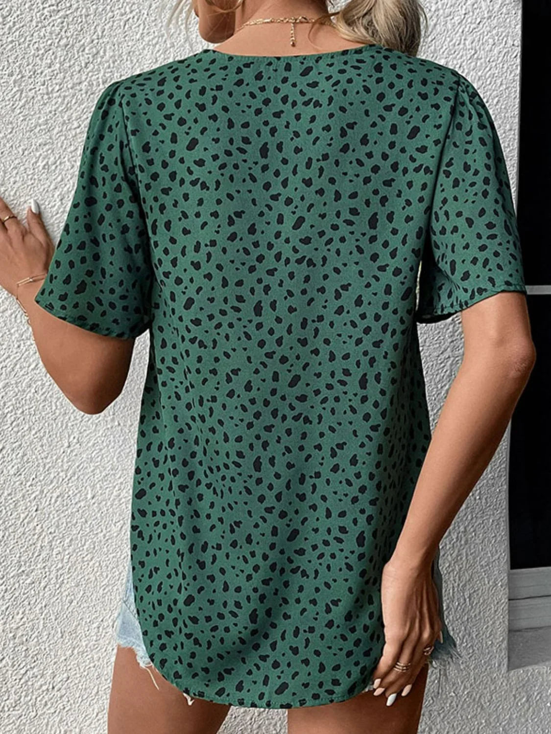 Perfee Animal Print V - Neck Flutter Sleeve Blouse - VILLA FASHION