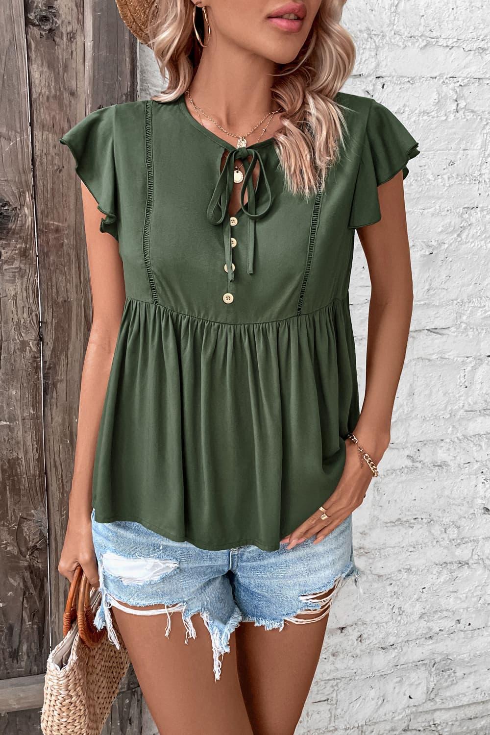 Perfee Buttoned Tie Neck Flutter Sleeve Babydoll Top - VILLA FASHION