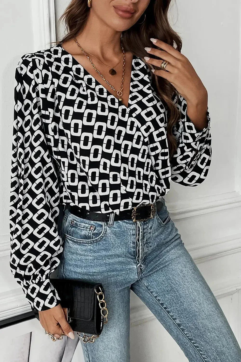Perfee Geometric V - Neck Long Sleeve Blouse - VILLA FASHION