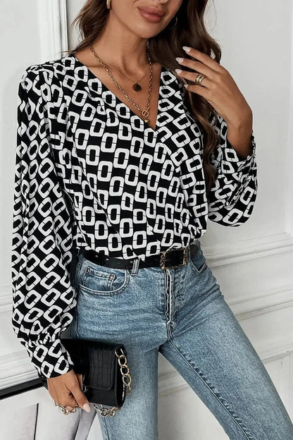 Perfee Geometric V - Neck Long Sleeve Blouse - VILLA FASHION