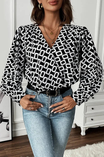 Perfee Geometric V - Neck Long Sleeve Blouse - VILLA FASHION