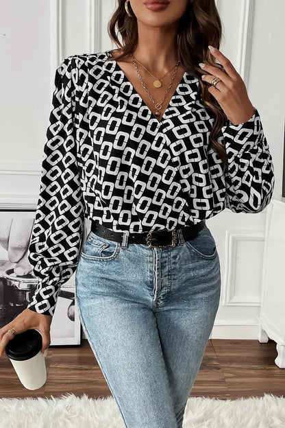 Perfee Geometric V - Neck Long Sleeve Blouse - VILLA FASHION