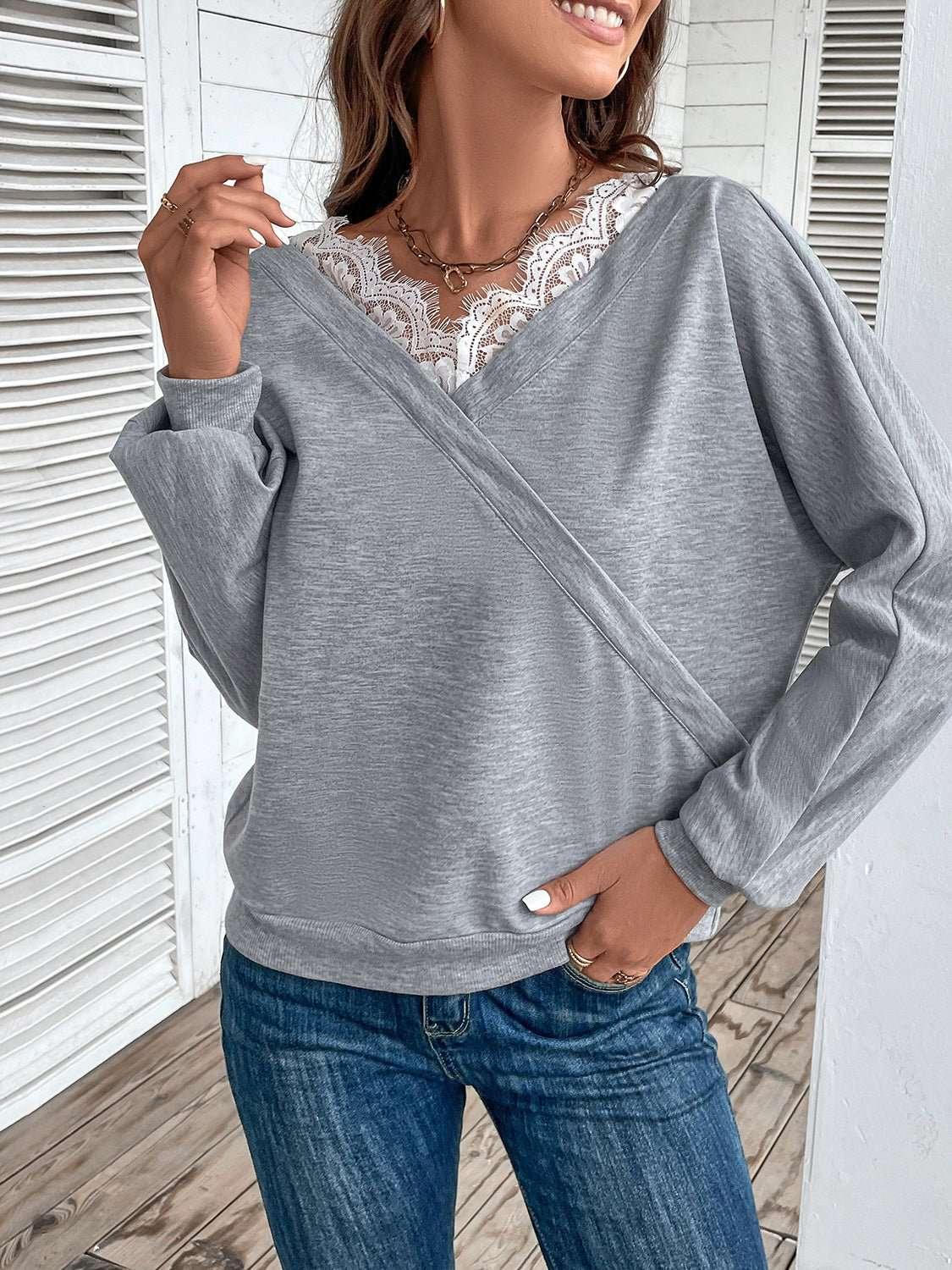 Perfee Lace Detail Long Sleeve Top - VILLA FASHION