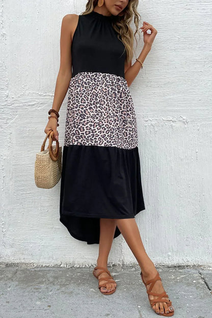 Perfee Leopard Contrast Sleeveless Maxi Dress - VILLA FASHION
