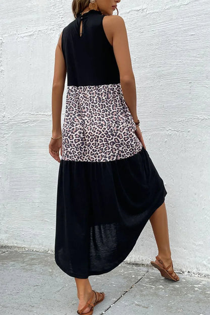 Perfee Leopard Contrast Sleeveless Maxi Dress - VILLA FASHION
