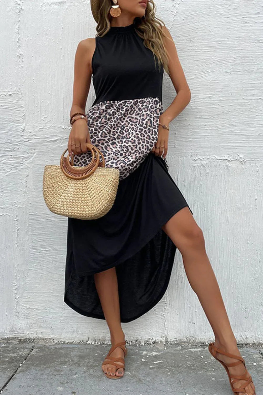Perfee Leopard Contrast Sleeveless Maxi Dress - VILLA FASHION