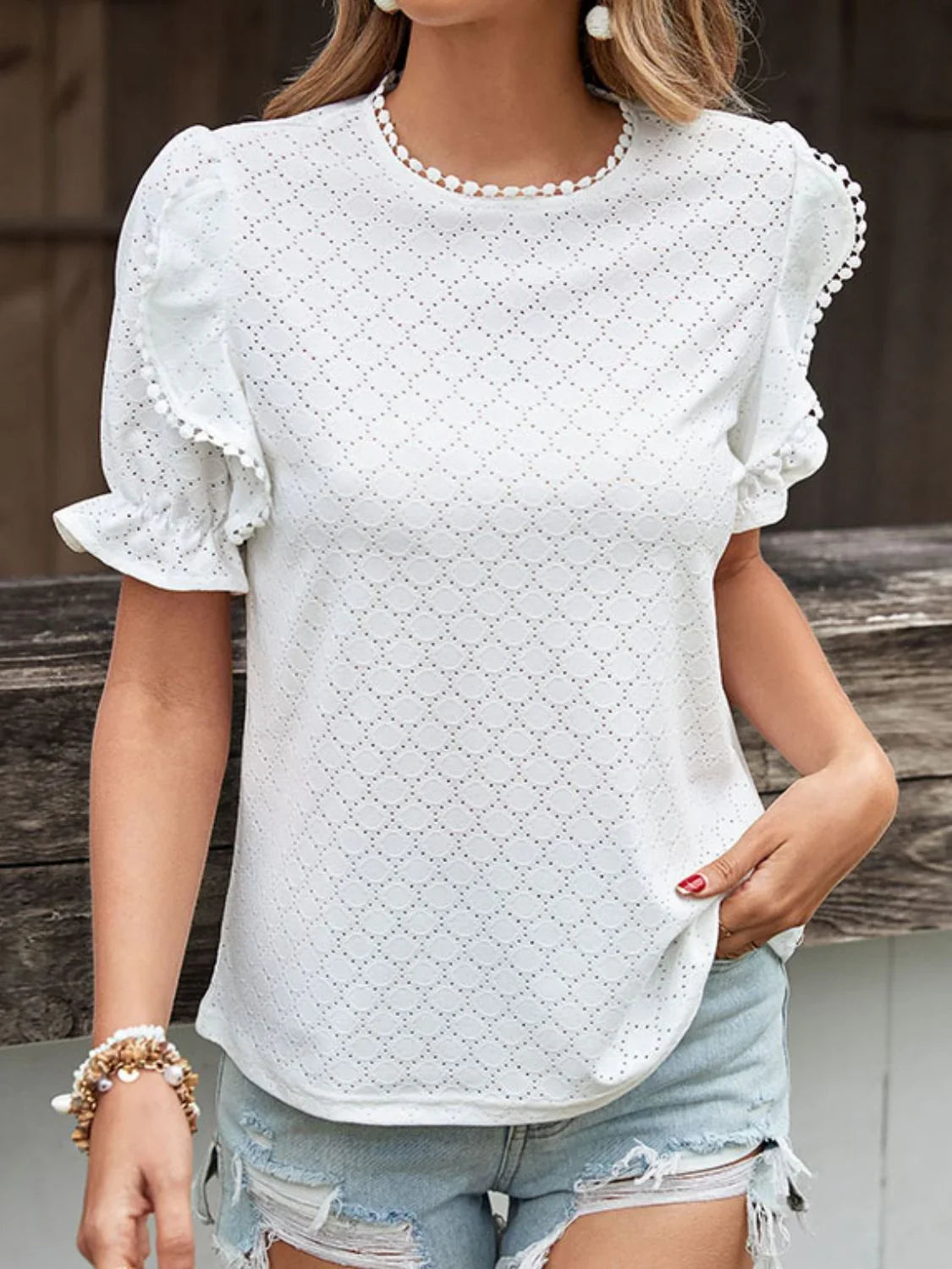 Perfee Pom Pom Detail Openwork Flounce Sleeve Blouse - VILLA FASHION