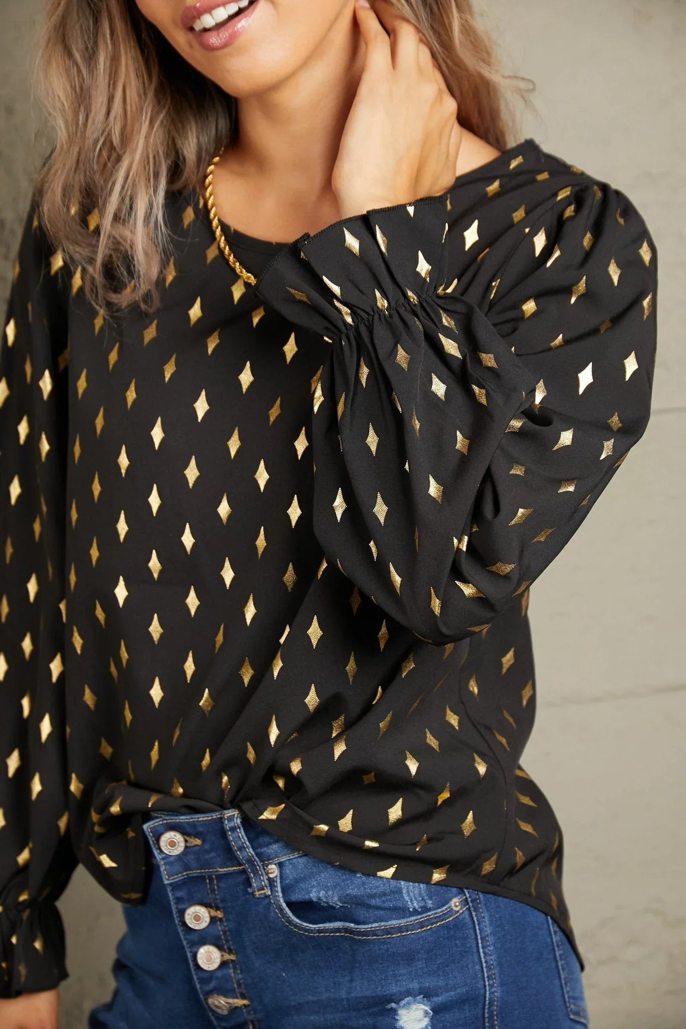 Perfee Printed Round Neck Flounce Sleeve Blouse - VILLA FASHION