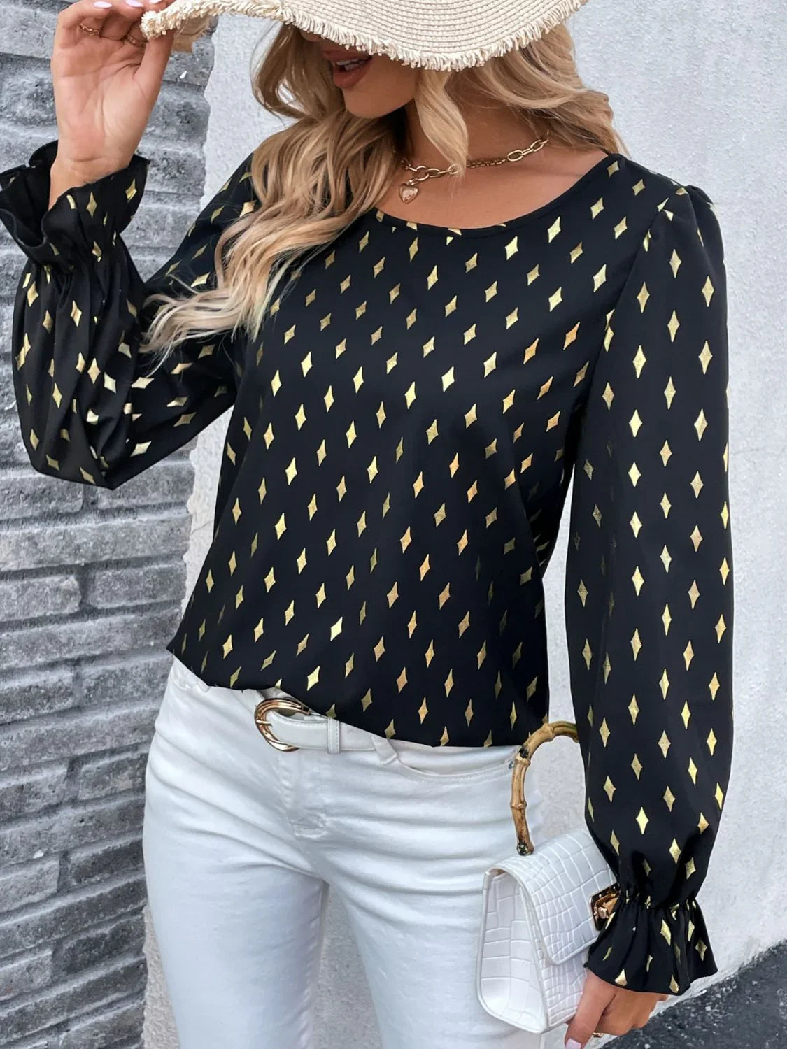 Perfee Printed Round Neck Flounce Sleeve Blouse - VILLA FASHION