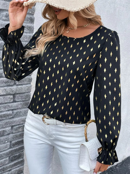 Perfee Printed Round Neck Flounce Sleeve Blouse - VILLA FASHION