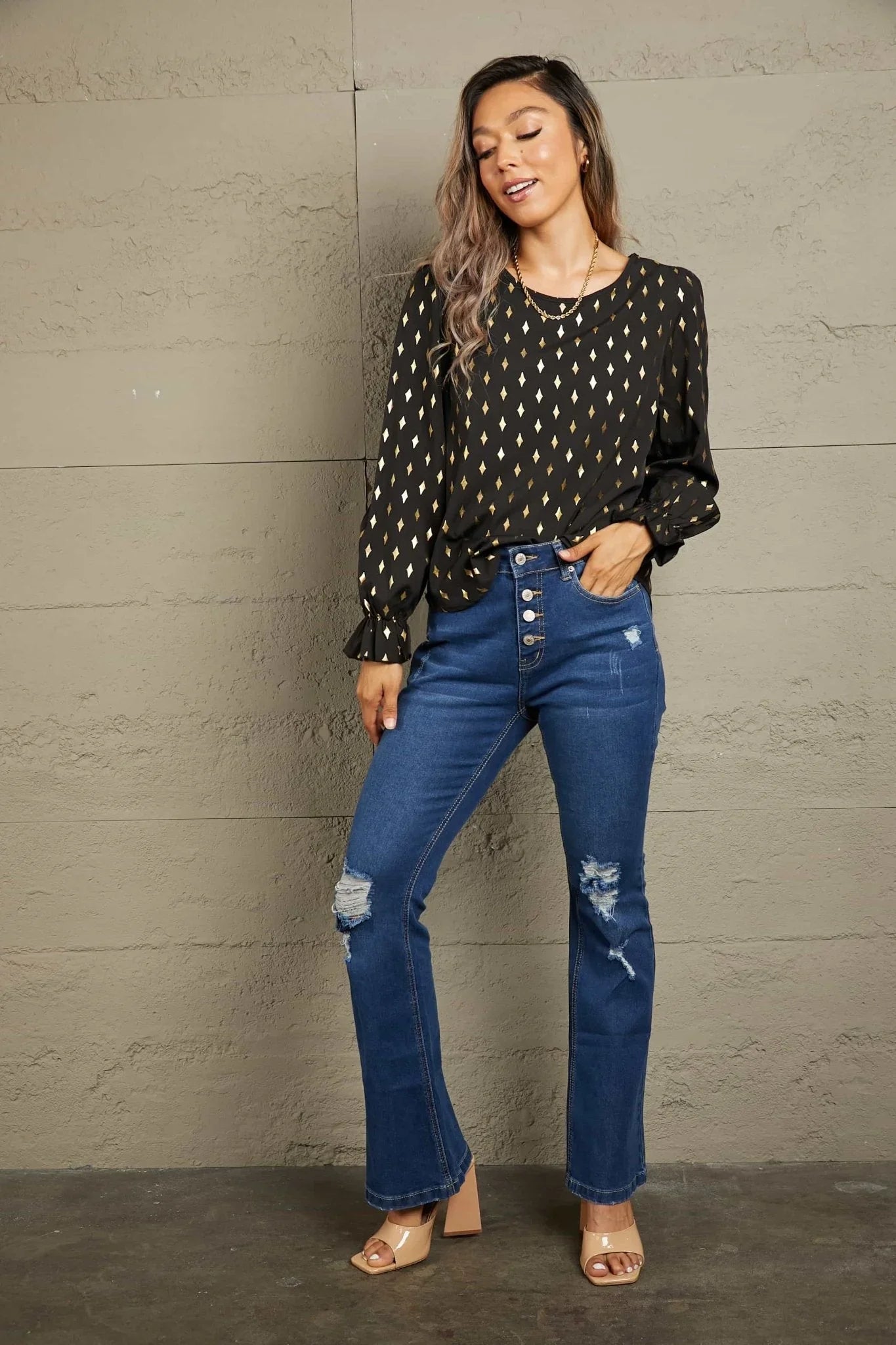 Perfee Printed Round Neck Flounce Sleeve Blouse - VILLA FASHION