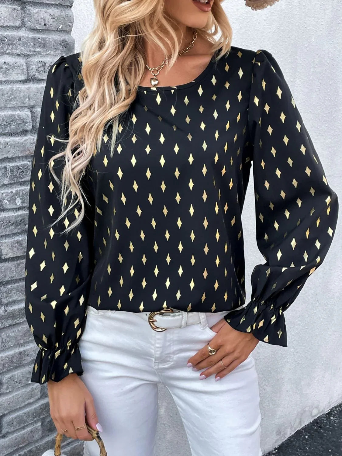 Perfee Printed Round Neck Flounce Sleeve Blouse - VILLA FASHION