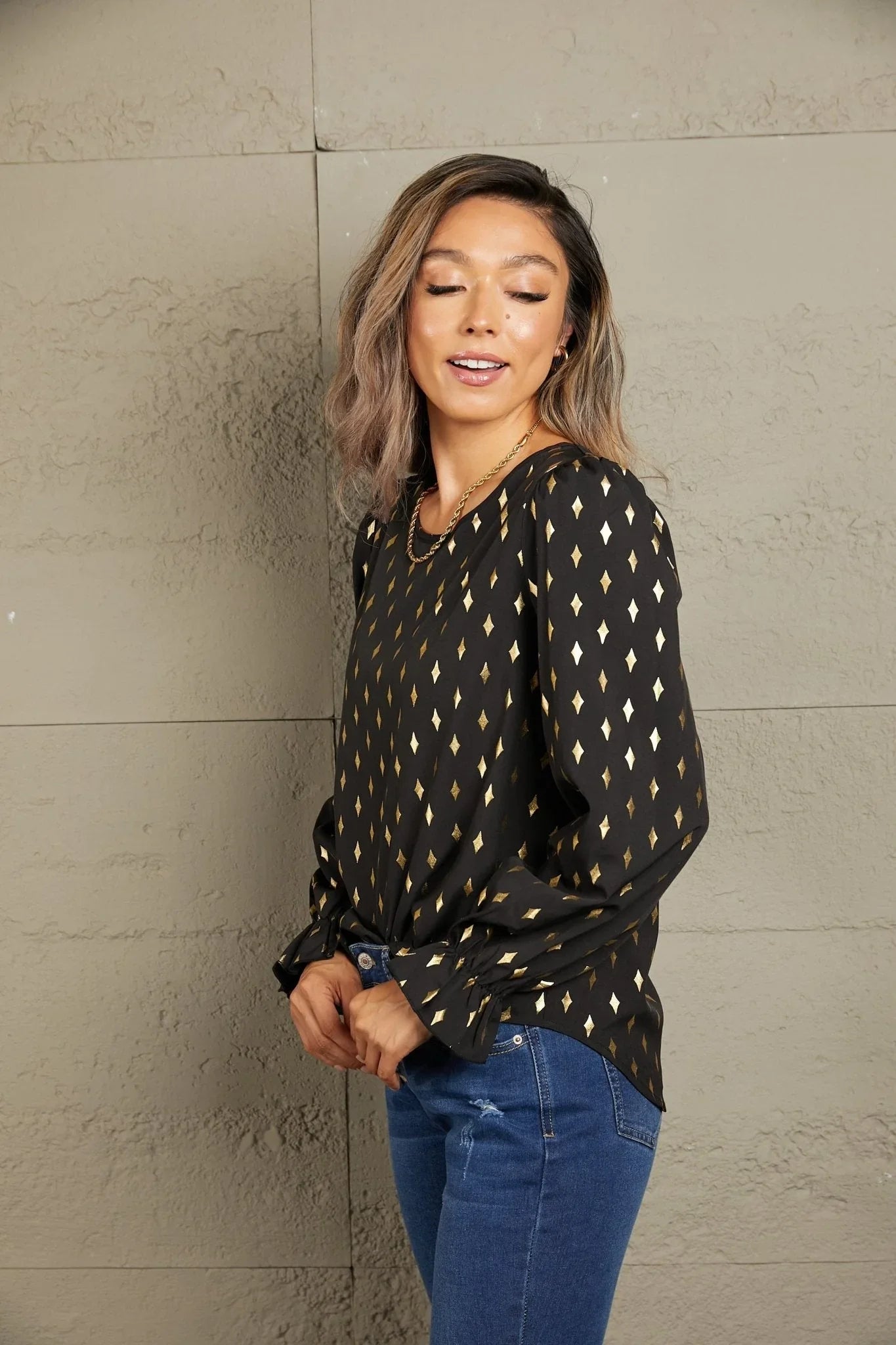 Perfee Printed Round Neck Flounce Sleeve Blouse - VILLA FASHION