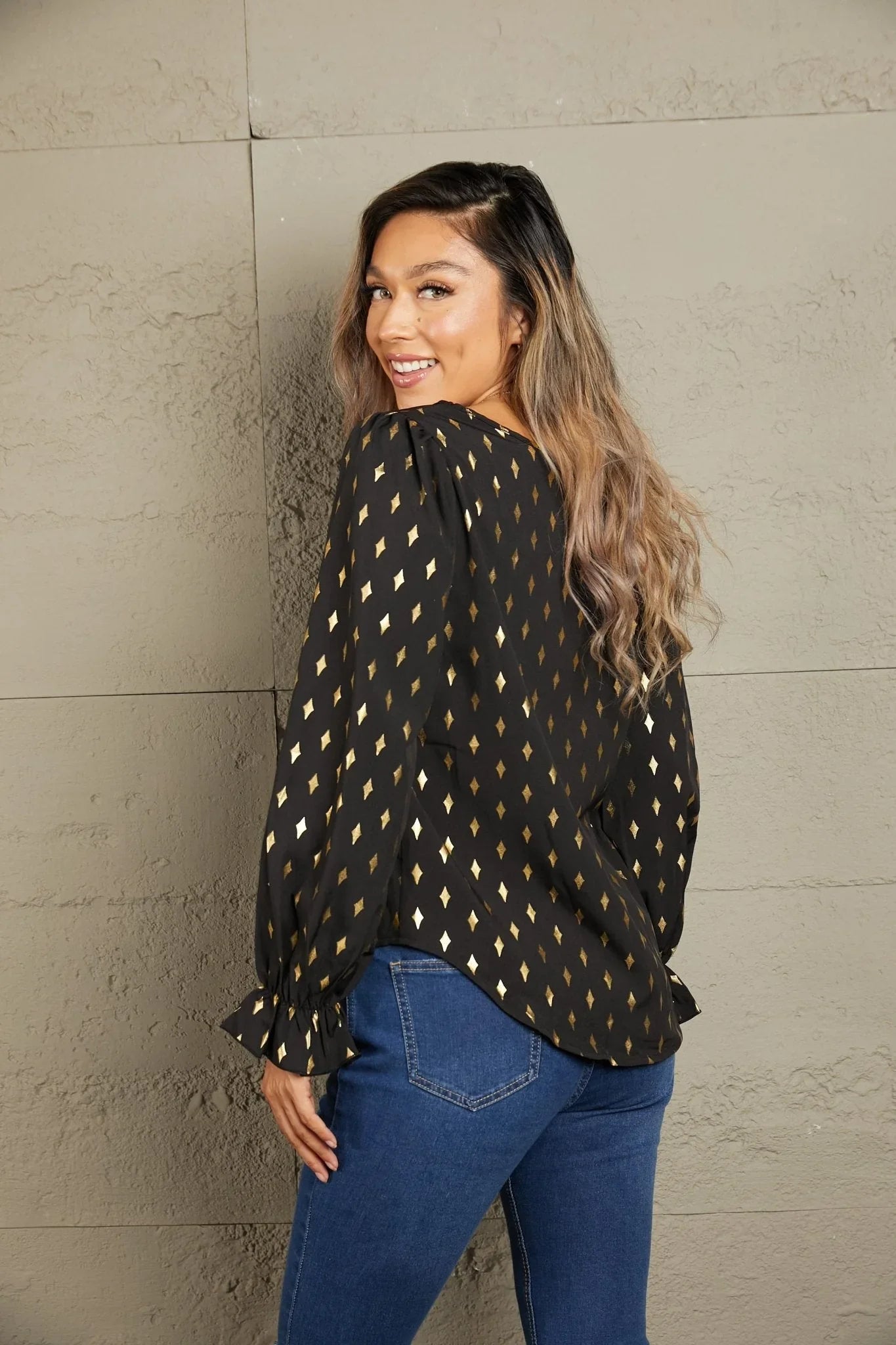 Perfee Printed Round Neck Flounce Sleeve Blouse - VILLA FASHION