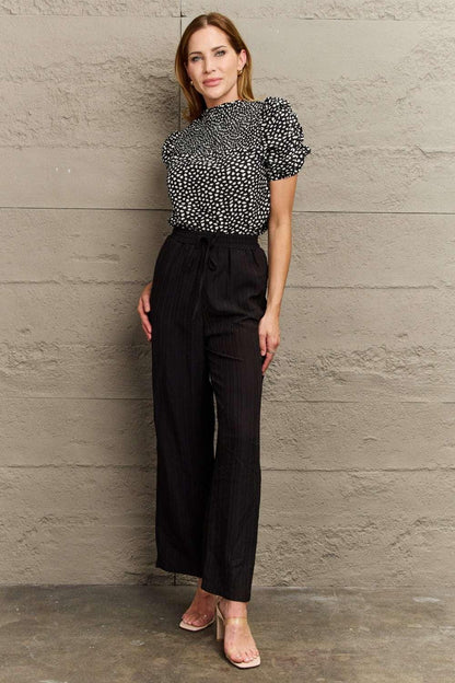 Perfee Printed Round Neck Puff Sleeve Blouse - VILLA FASHION