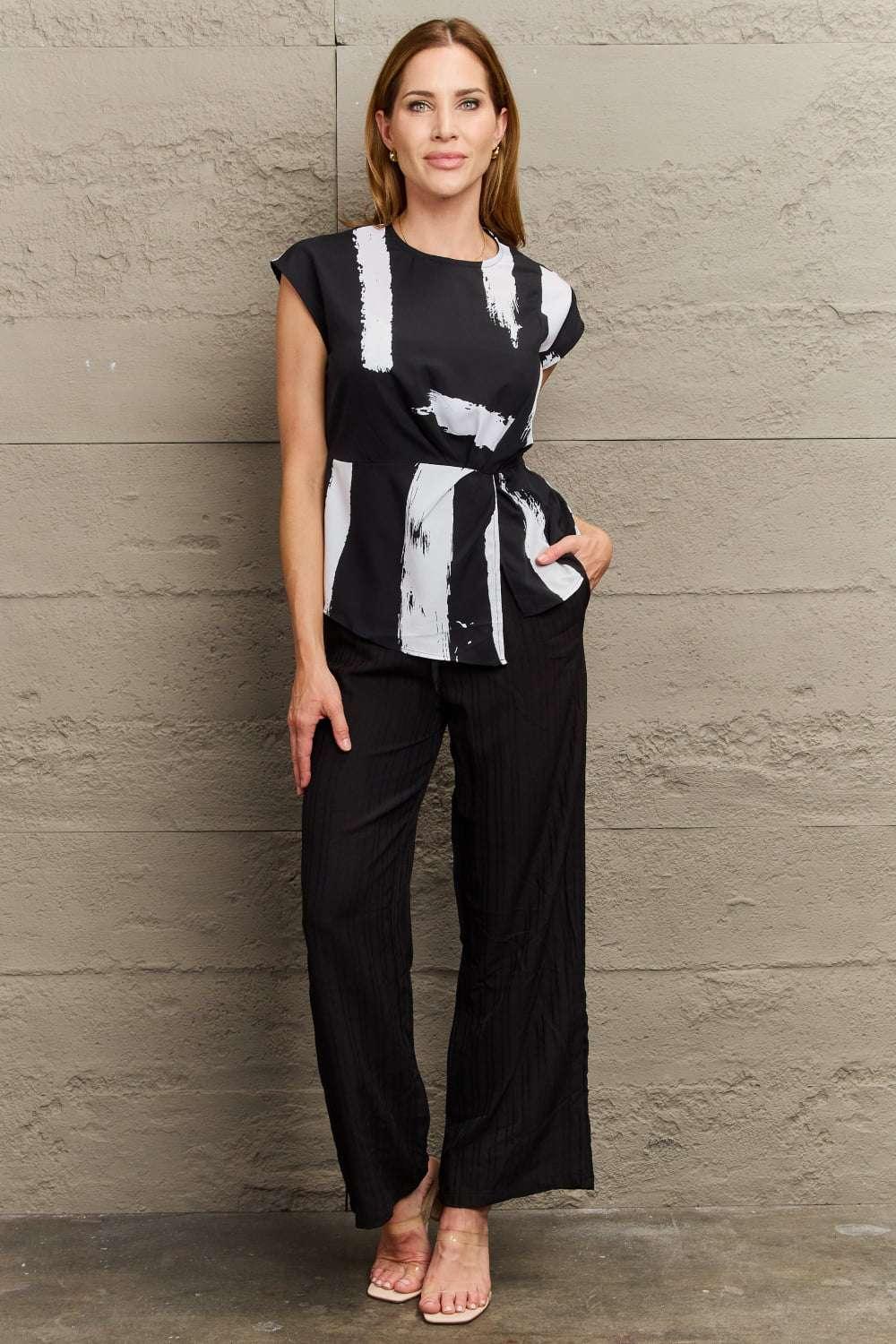 Perfee Printed Round Neck Short Sleeve Blouse - VILLA FASHION