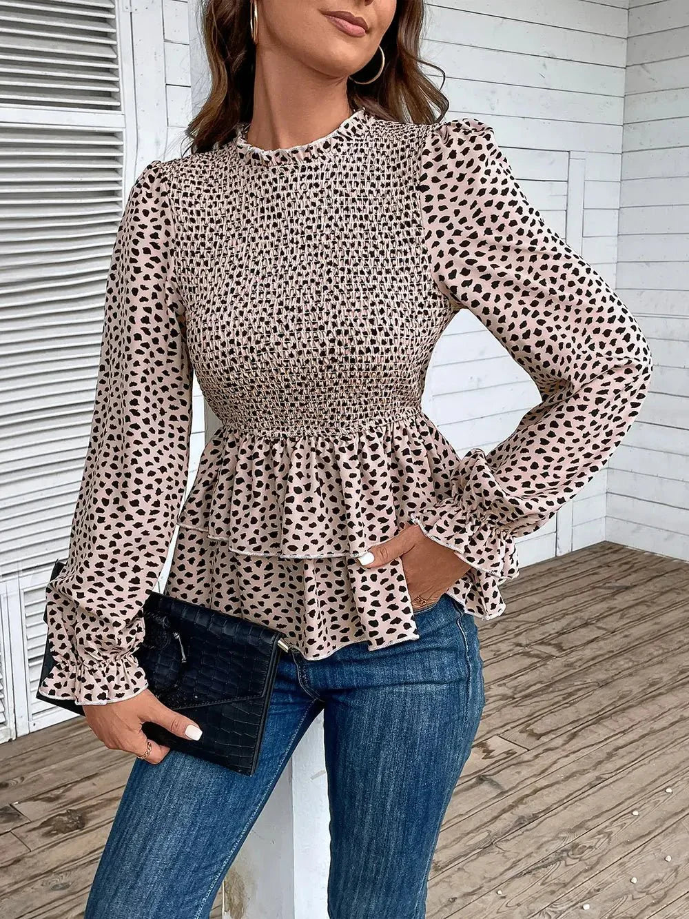 Perfee Printed Round Neck Smocked Flounce Sleeve T-Shirt - VILLA FASHION