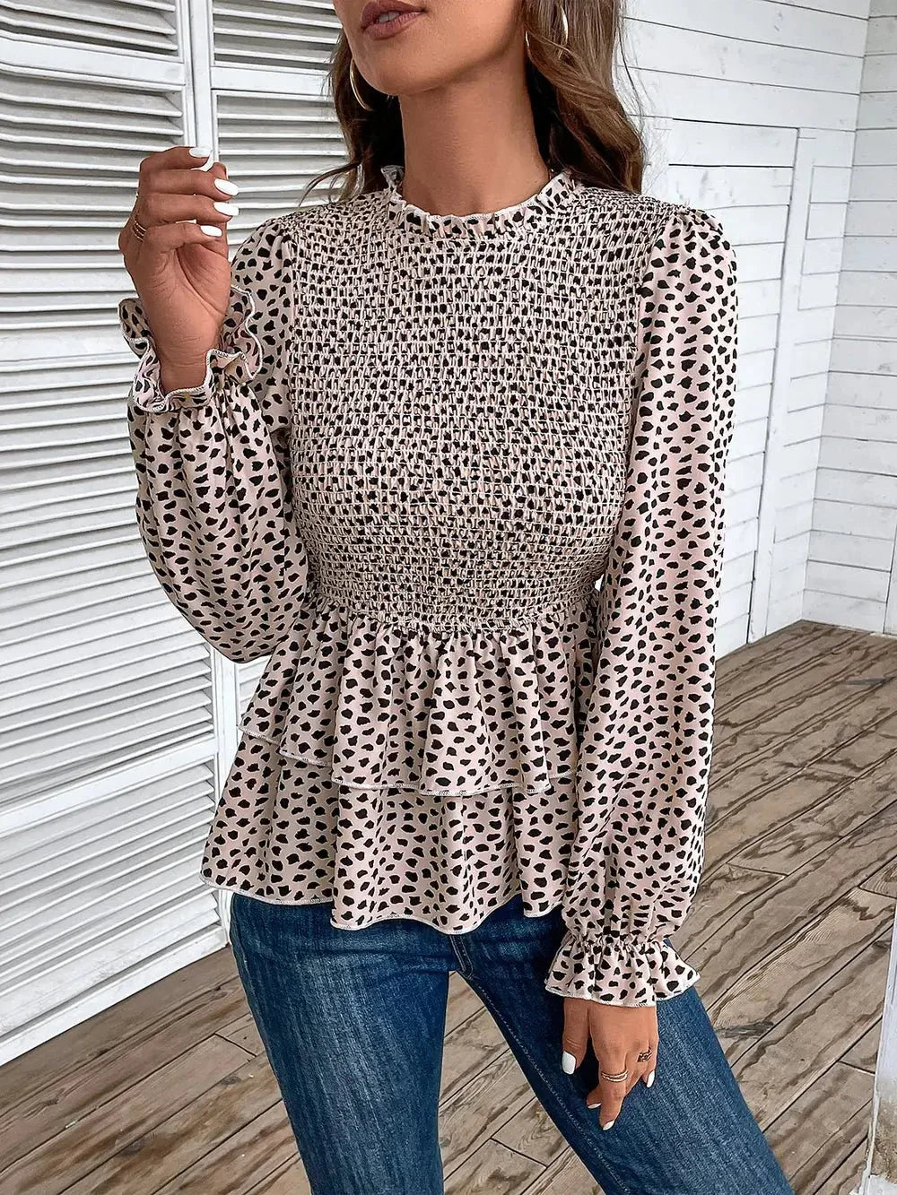 Perfee Printed Round Neck Smocked Flounce Sleeve T-Shirt - VILLA FASHION