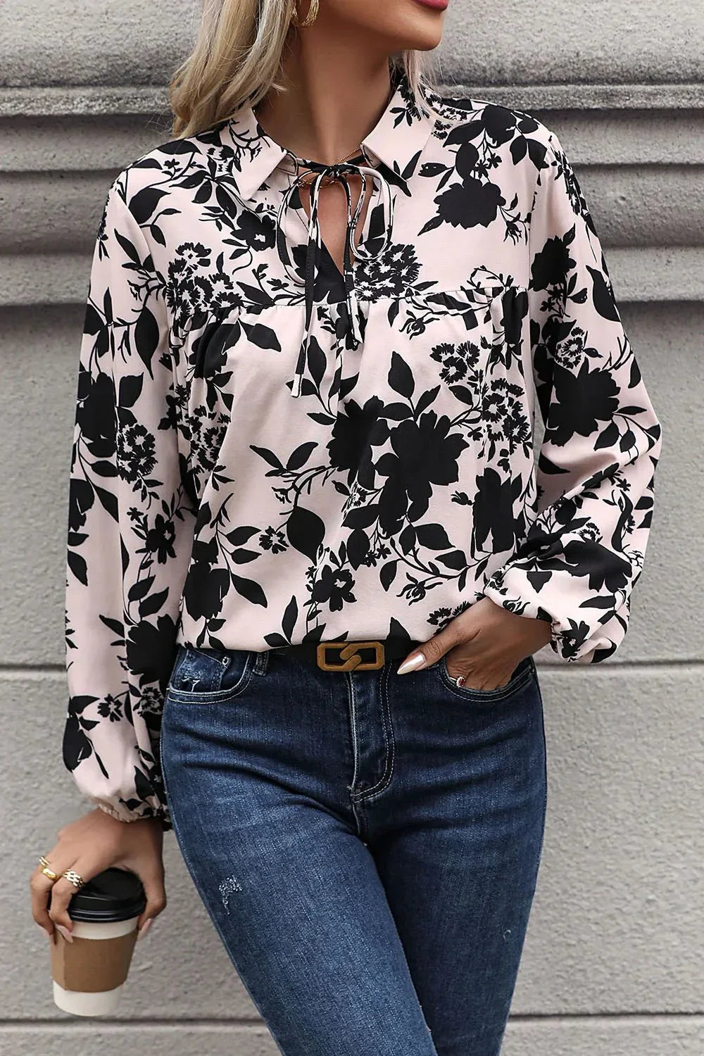 Perfee Printed Tie Neck Balloon Sleeve Blouse - VILLA FASHION