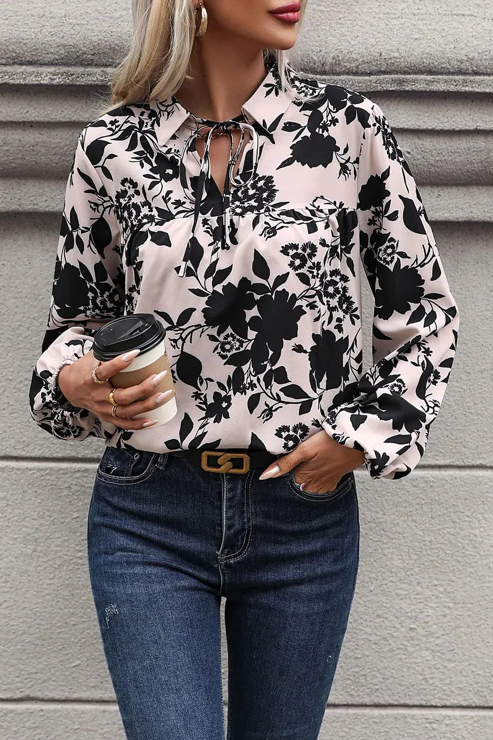 Perfee Printed Tie Neck Balloon Sleeve Blouse - VILLA FASHION