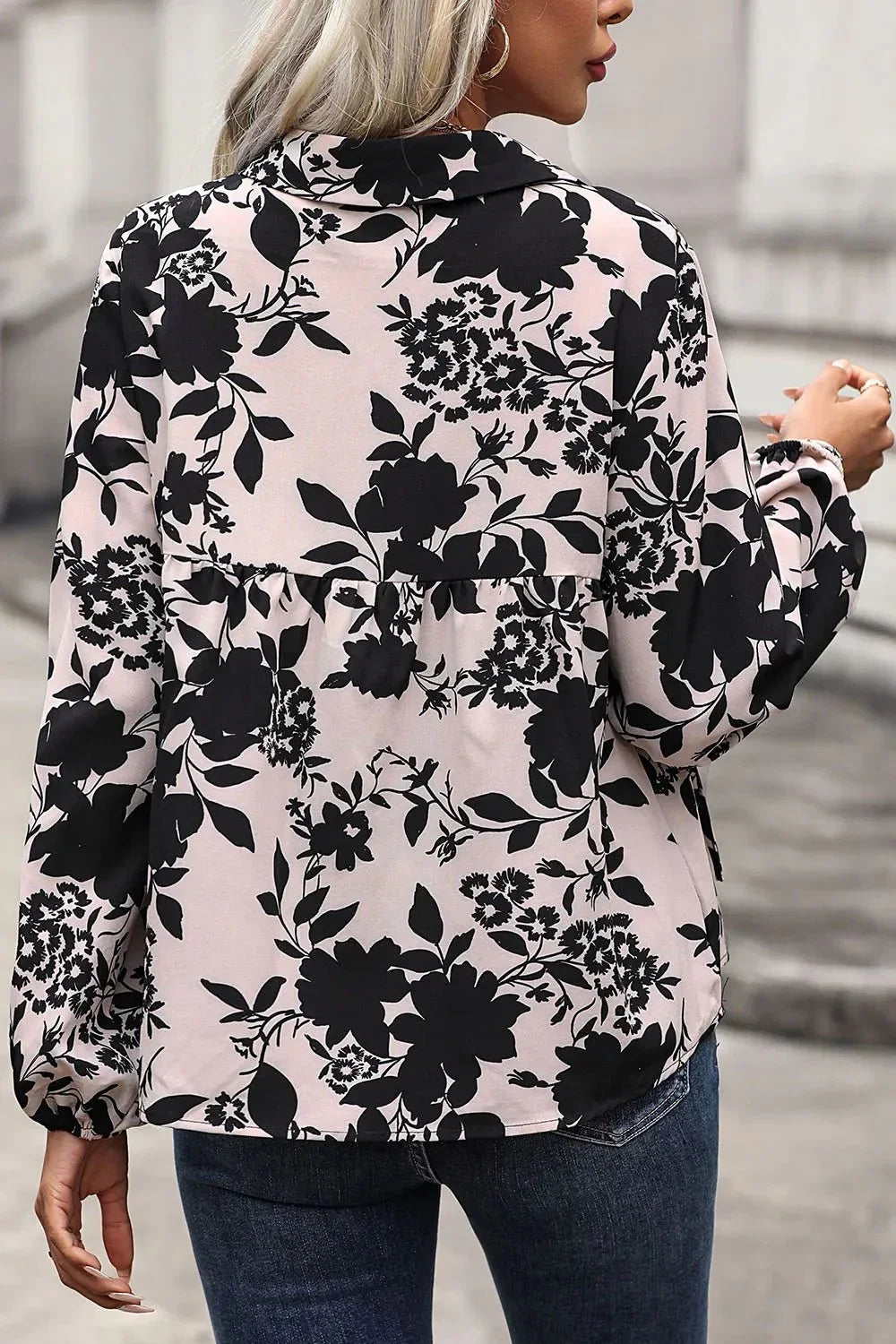 Perfee Printed Tie Neck Balloon Sleeve Blouse - VILLA FASHION