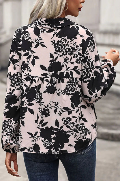 Perfee Printed Tie Neck Balloon Sleeve Blouse - VILLA FASHION