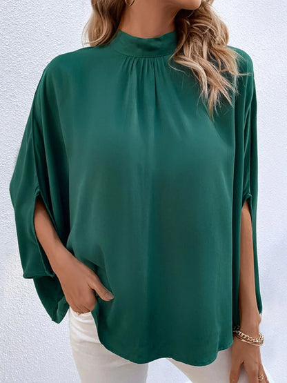 Perfee Tie Back Mock Neck Blouse - VILLA FASHION