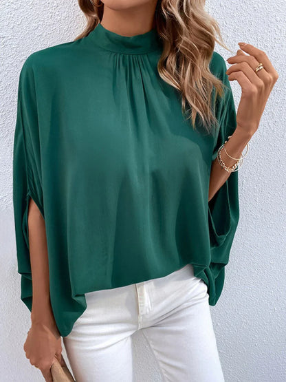 Perfee Tie Back Mock Neck Blouse - VILLA FASHION