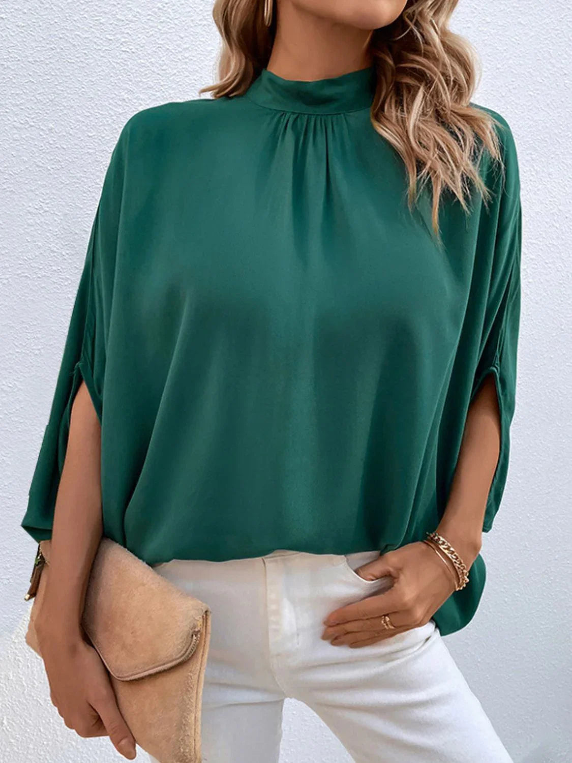 Perfee Tie Back Mock Neck Blouse - VILLA FASHION