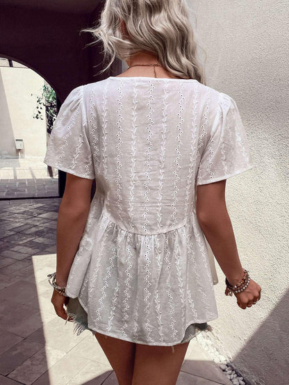 Perfee Tied Decorative Buttons Short Puff Sleeve Blouse - VILLA FASHION