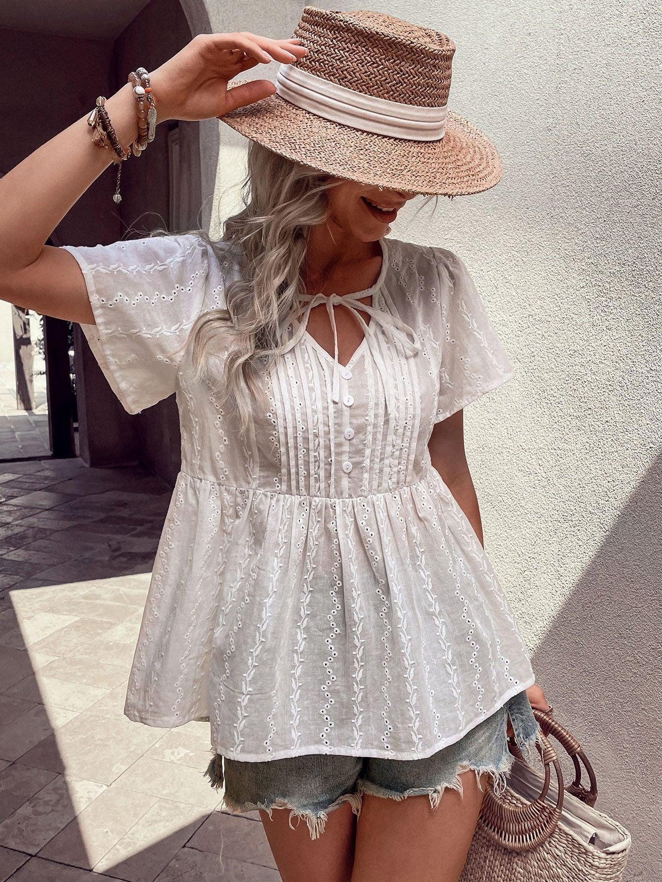 Perfee Tied Decorative Buttons Short Puff Sleeve Blouse - VILLA FASHION