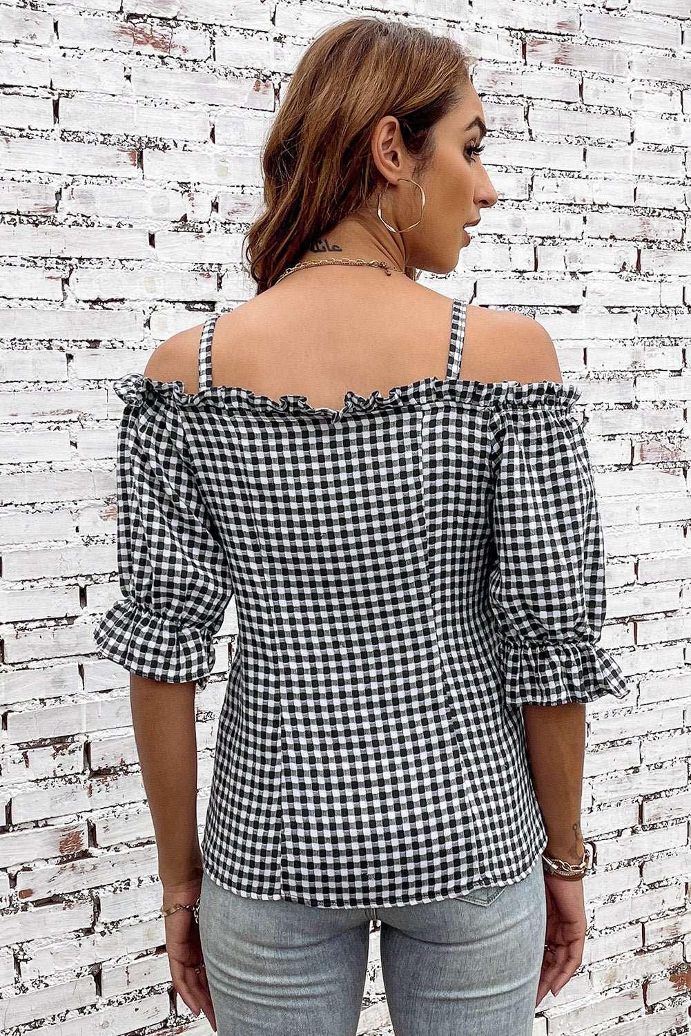 Plaid Buttoned Sweetheart Neck Cold - Shoulder Top - VILLA FASHION