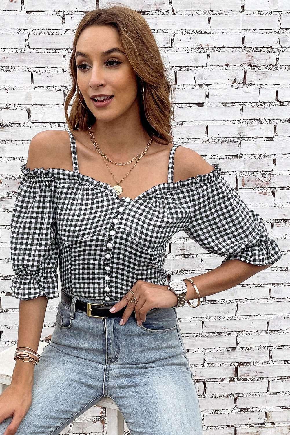 Plaid Buttoned Sweetheart Neck Cold - Shoulder Top - VILLA FASHION