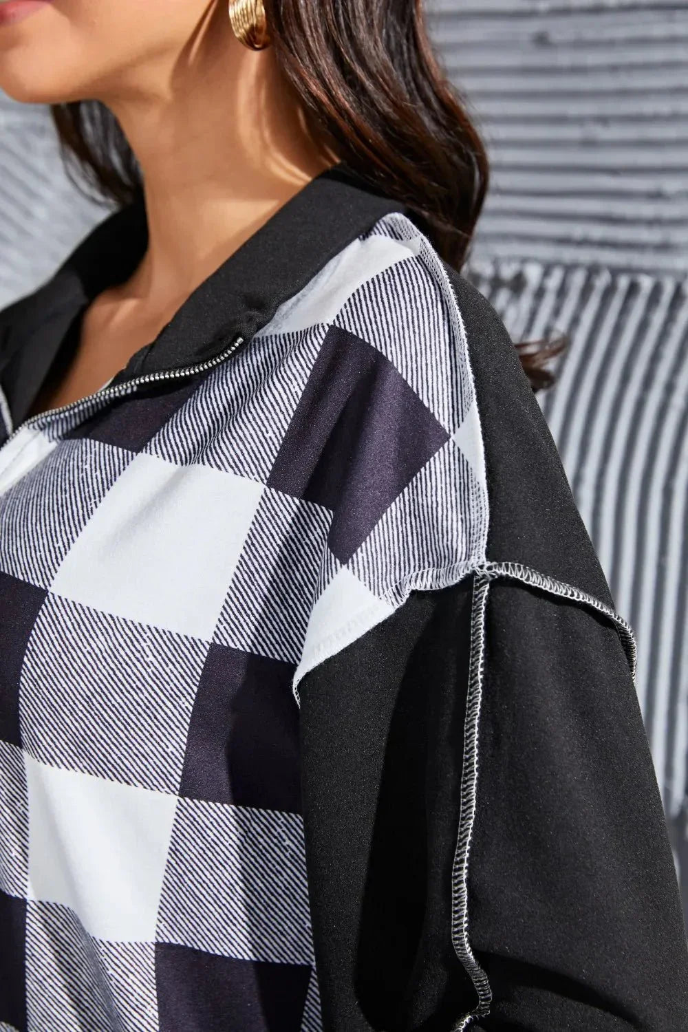 Plaid Exposed Seam Long Sleeve Blouse - VILLA FASHION