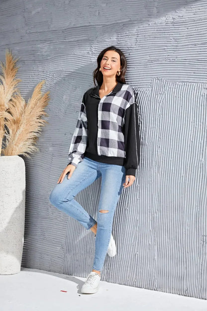 Plaid Exposed Seam Long Sleeve Blouse - VILLA FASHION