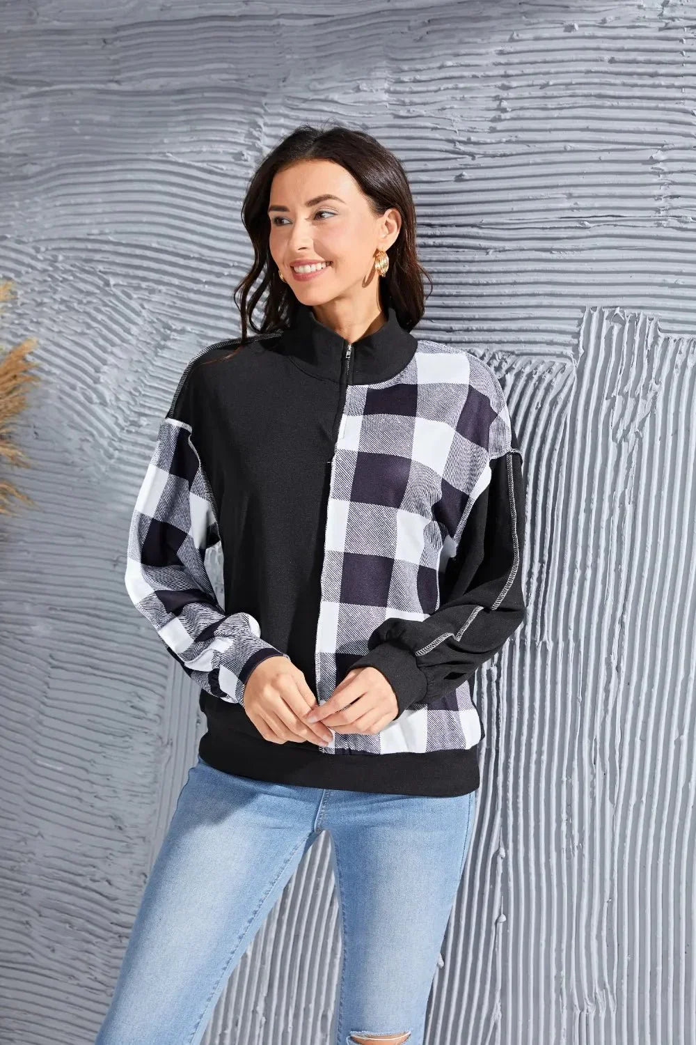 Plaid Exposed Seam Long Sleeve Blouse - VILLA FASHION