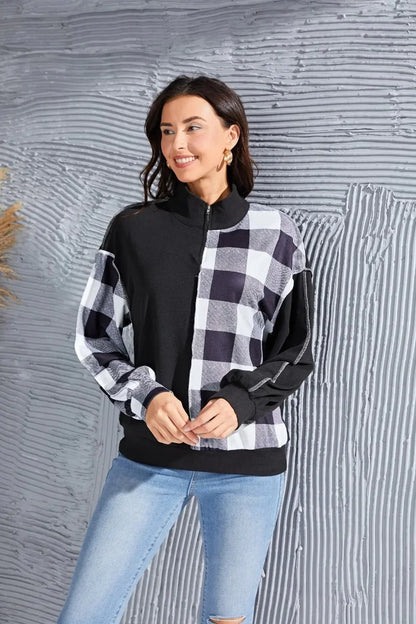 Plaid Exposed Seam Long Sleeve Blouse - VILLA FASHION
