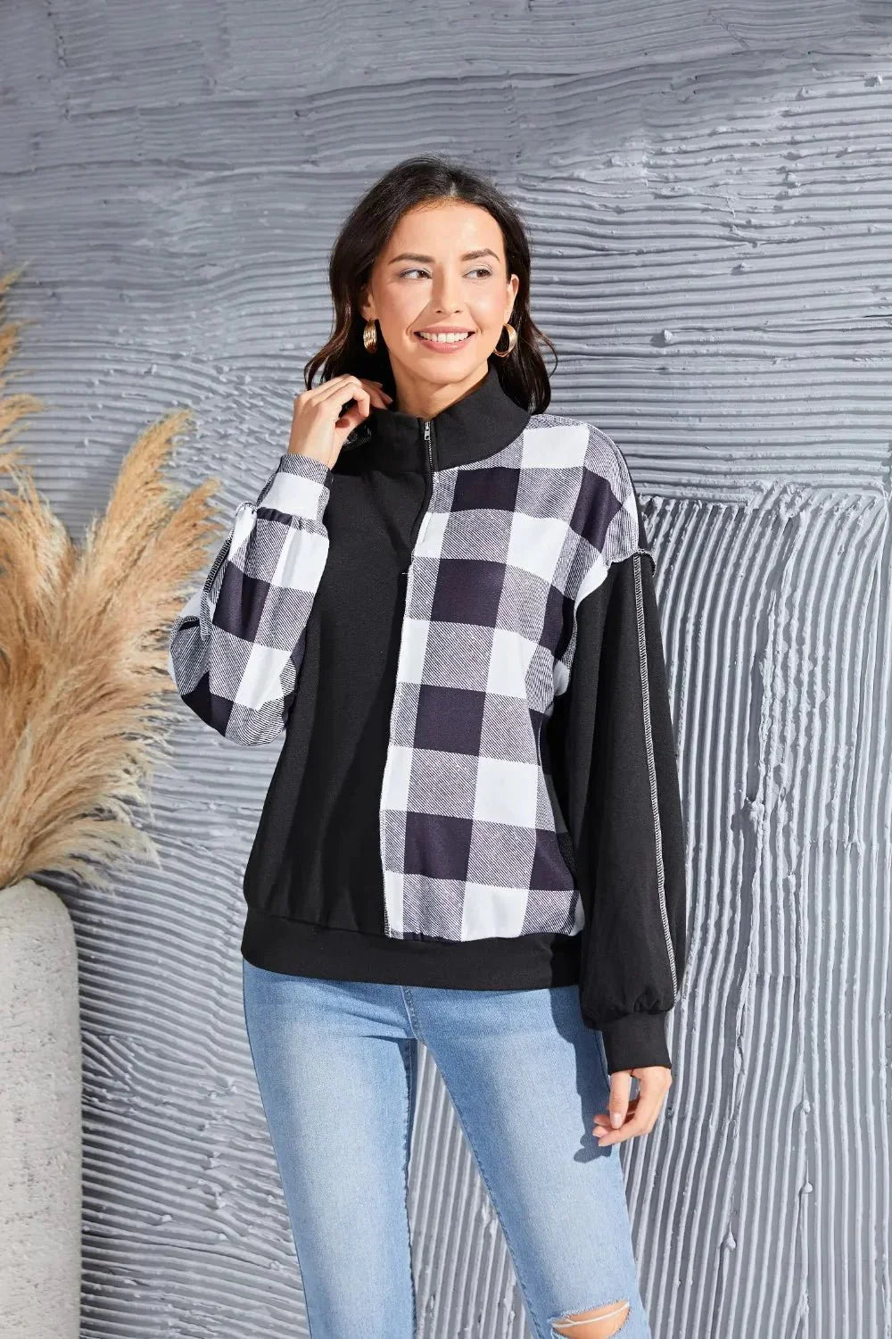 Plaid Exposed Seam Long Sleeve Blouse - VILLA FASHION