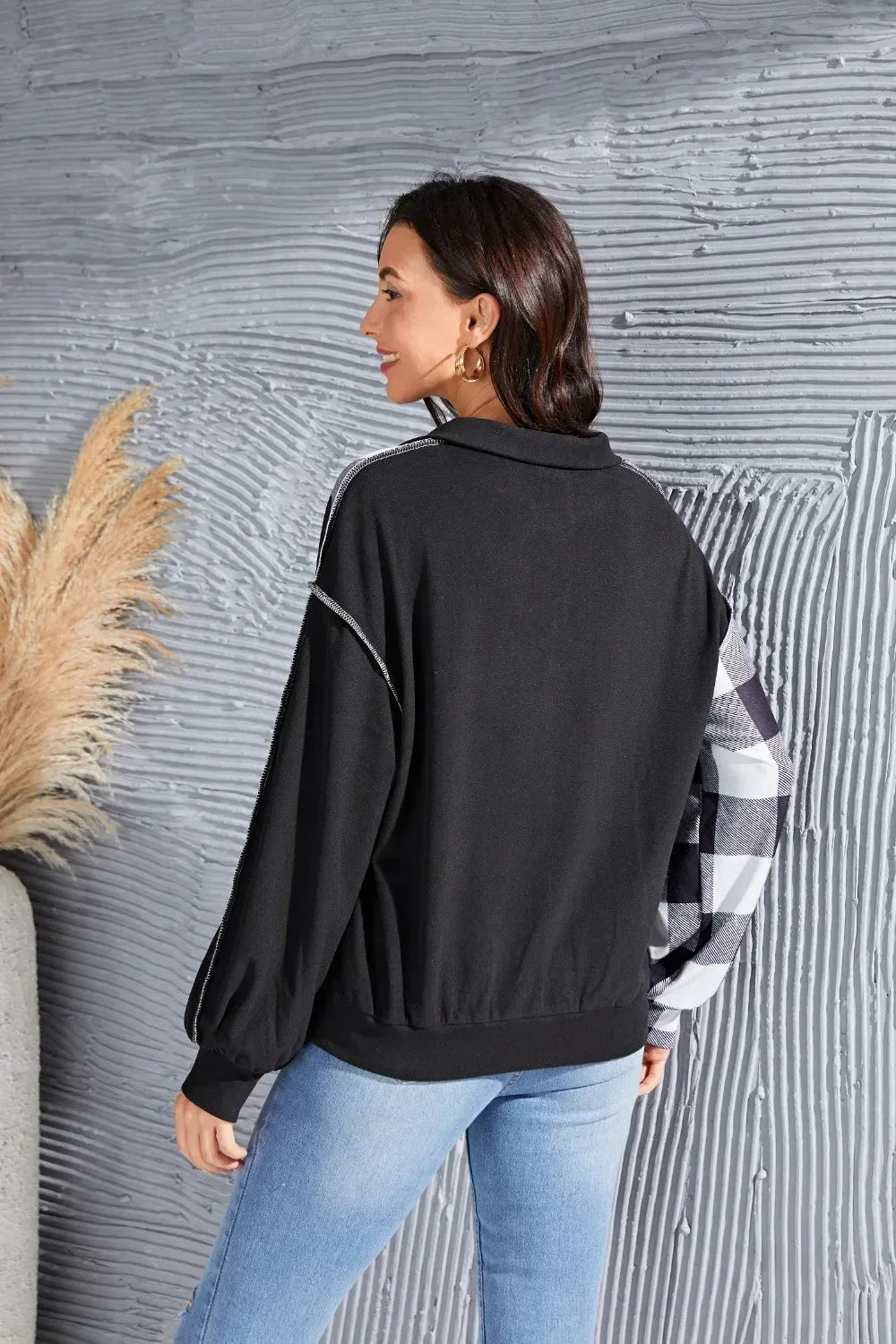 Plaid Exposed Seam Long Sleeve Blouse - VILLA FASHION