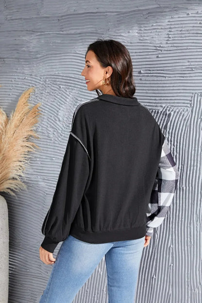 Plaid Exposed Seam Long Sleeve Blouse - VILLA FASHION