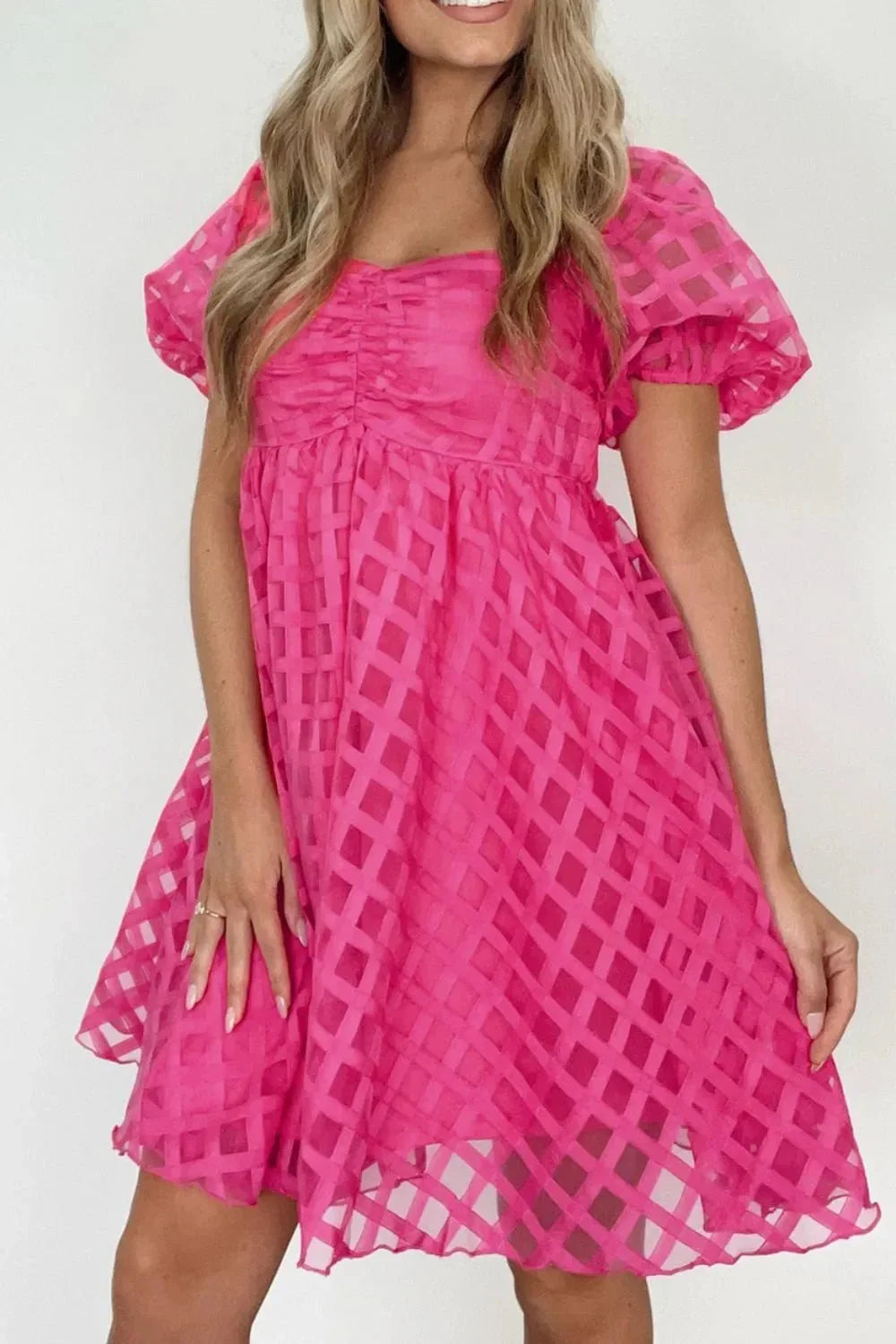 Plaid Puff Sleeve Babydoll Dress - VILLA FASHION