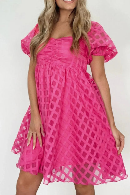 Plaid Puff Sleeve Babydoll Dress - VILLA FASHION