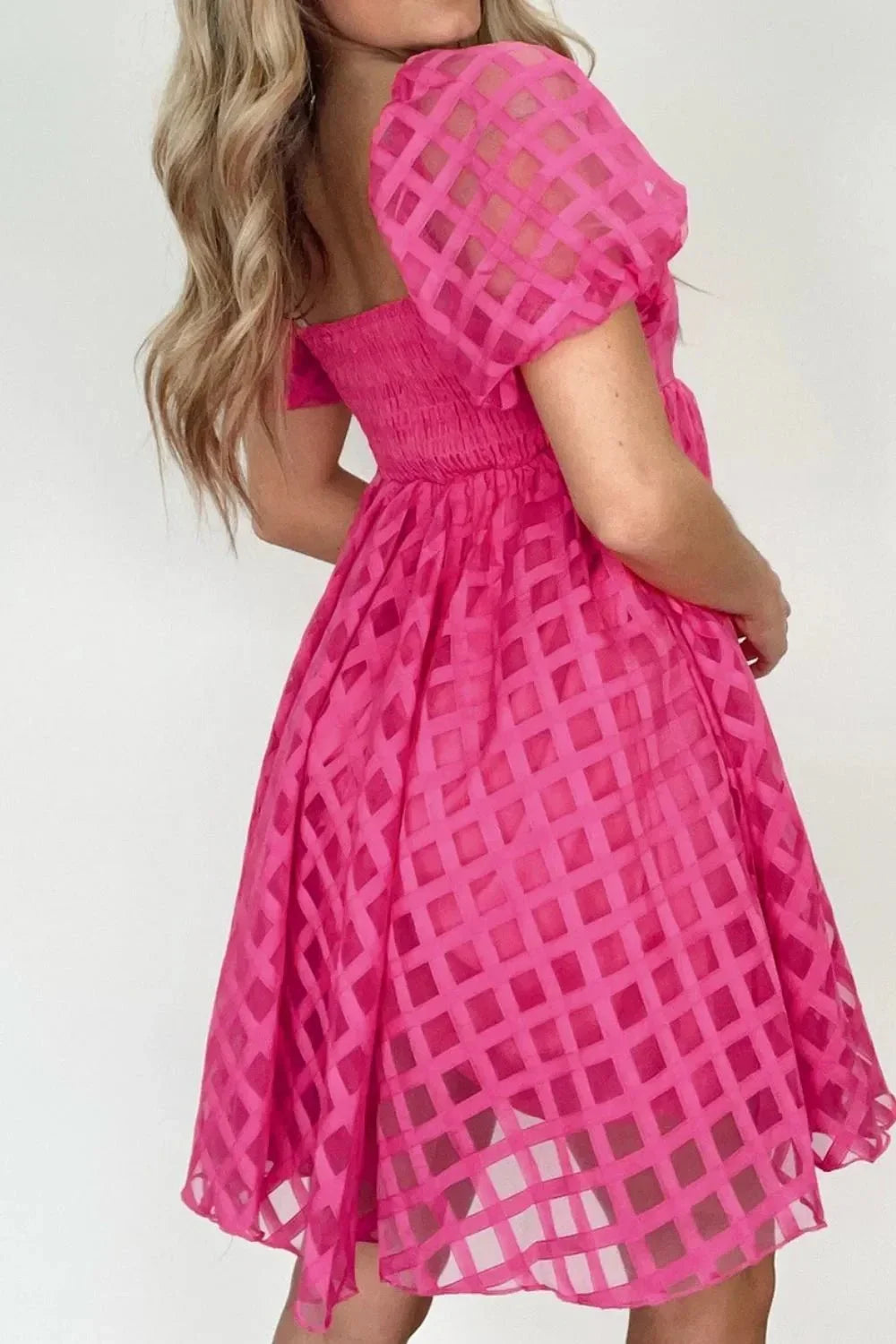 Plaid Puff Sleeve Babydoll Dress - VILLA FASHION