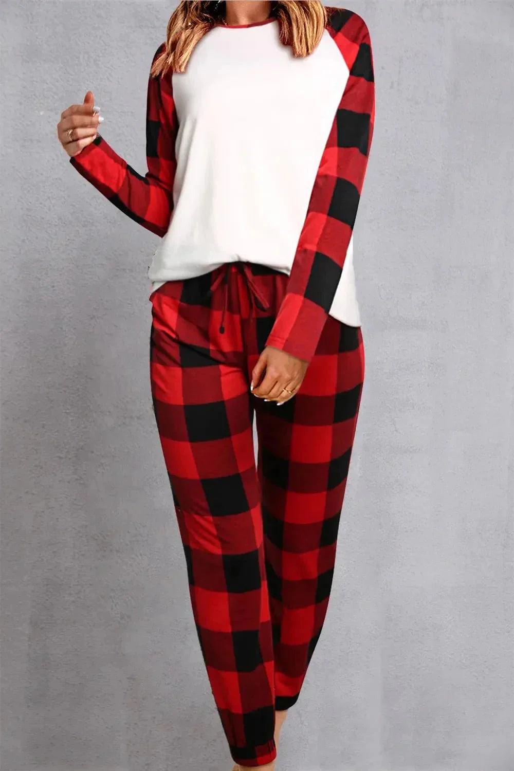 Plaid Round Neck Top and Pants Set - VILLA FASHION