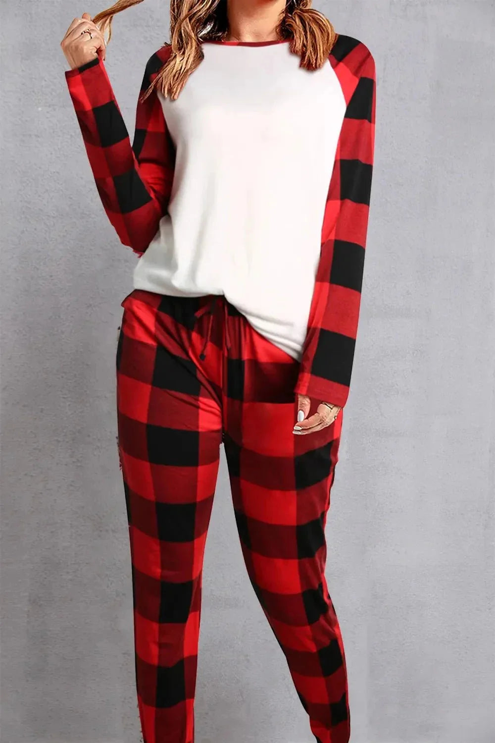 Plaid Round Neck Top and Pants Set - VILLA FASHION