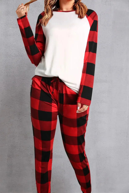 Plaid Round Neck Top and Pants Set - VILLA FASHION