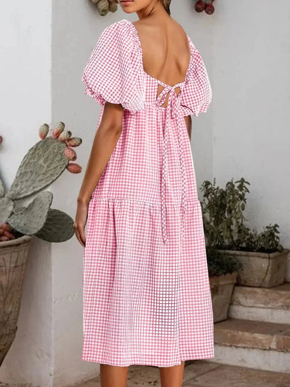 Plaid Square Neck Short Sleeve Dress - VILLA FASHION