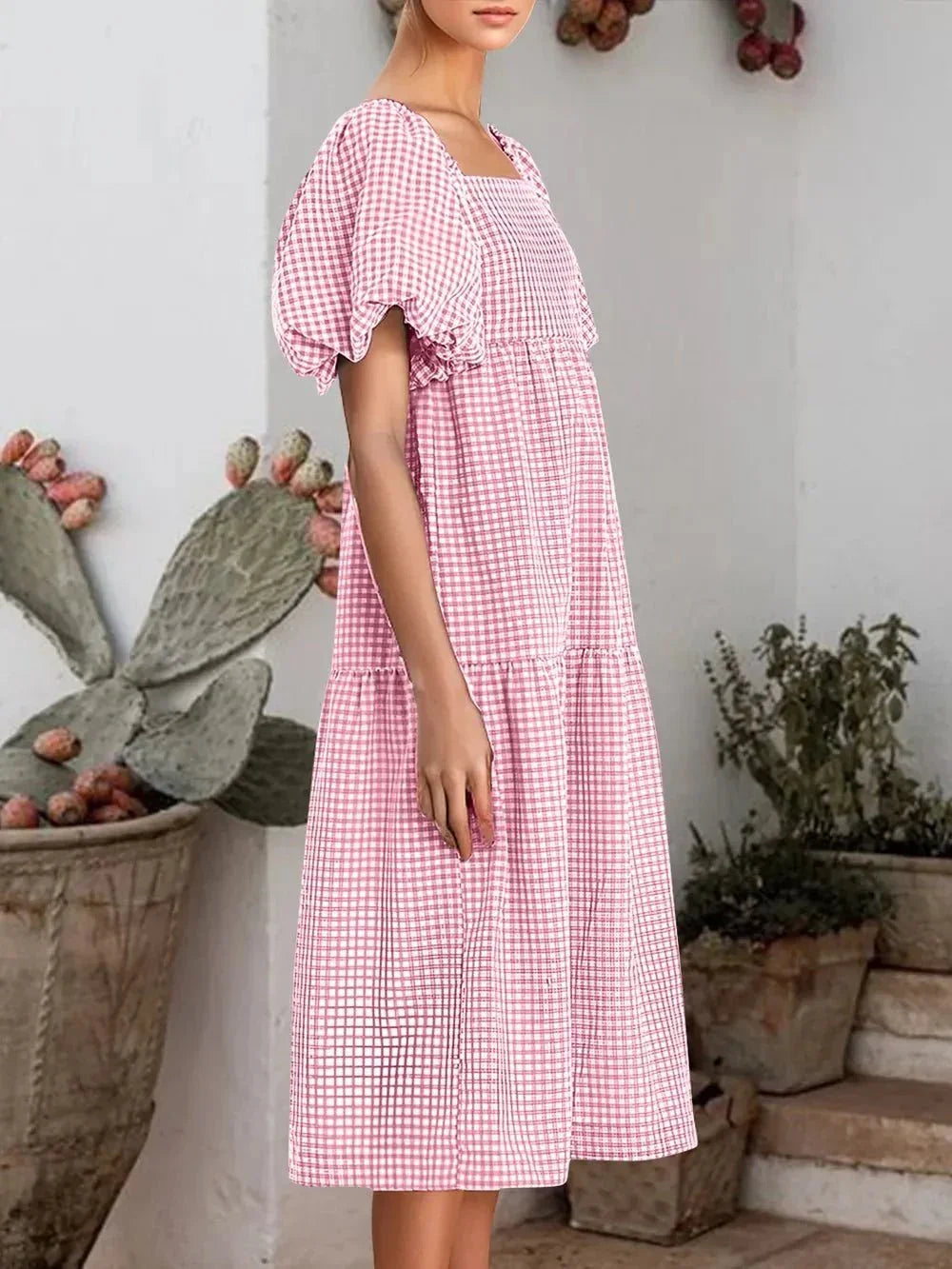 Plaid Square Neck Short Sleeve Dress - VILLA FASHION